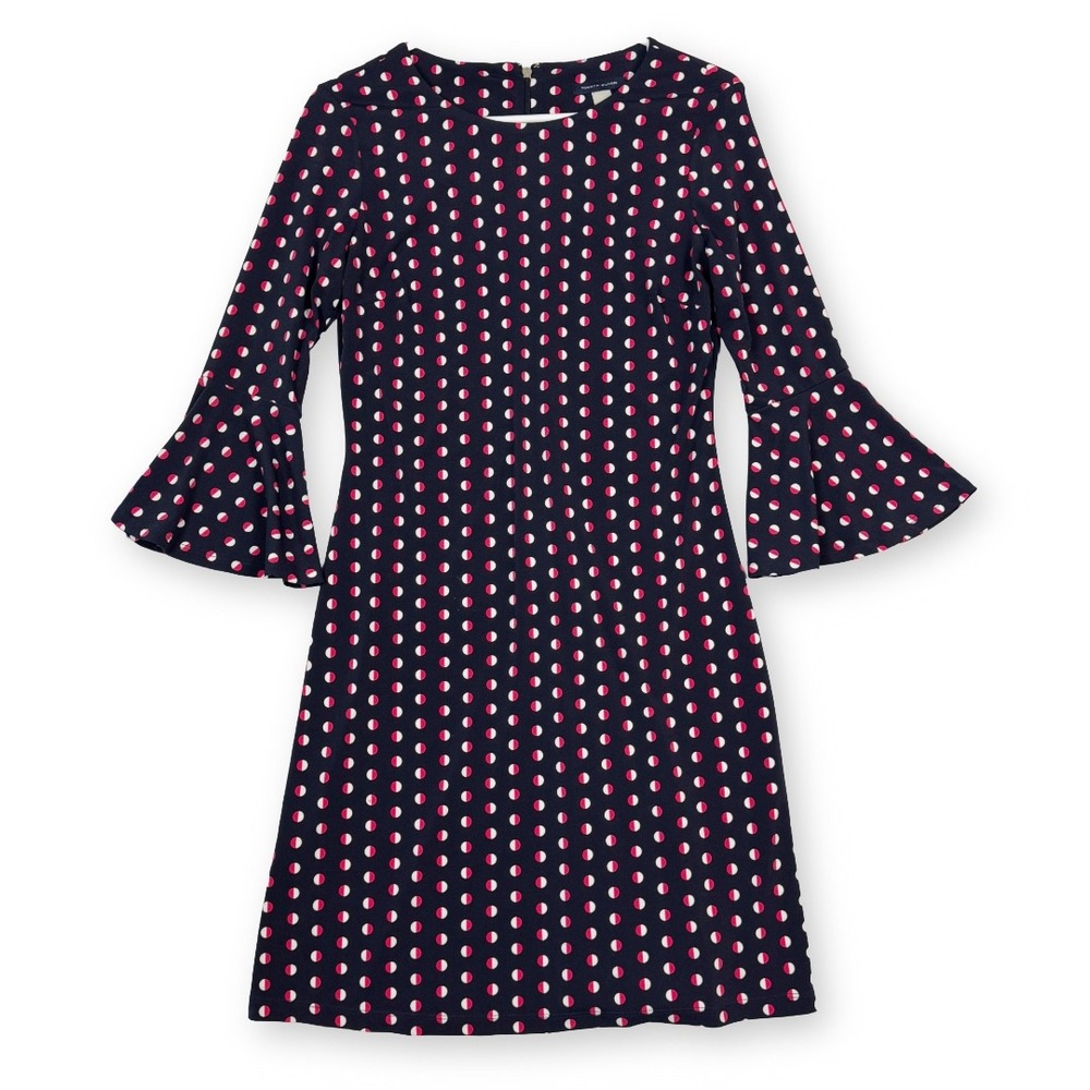 Tommy Hilfiger Navy Blue Pink Polka Dot Bell Sleeve Shift Dress Womens Size 6